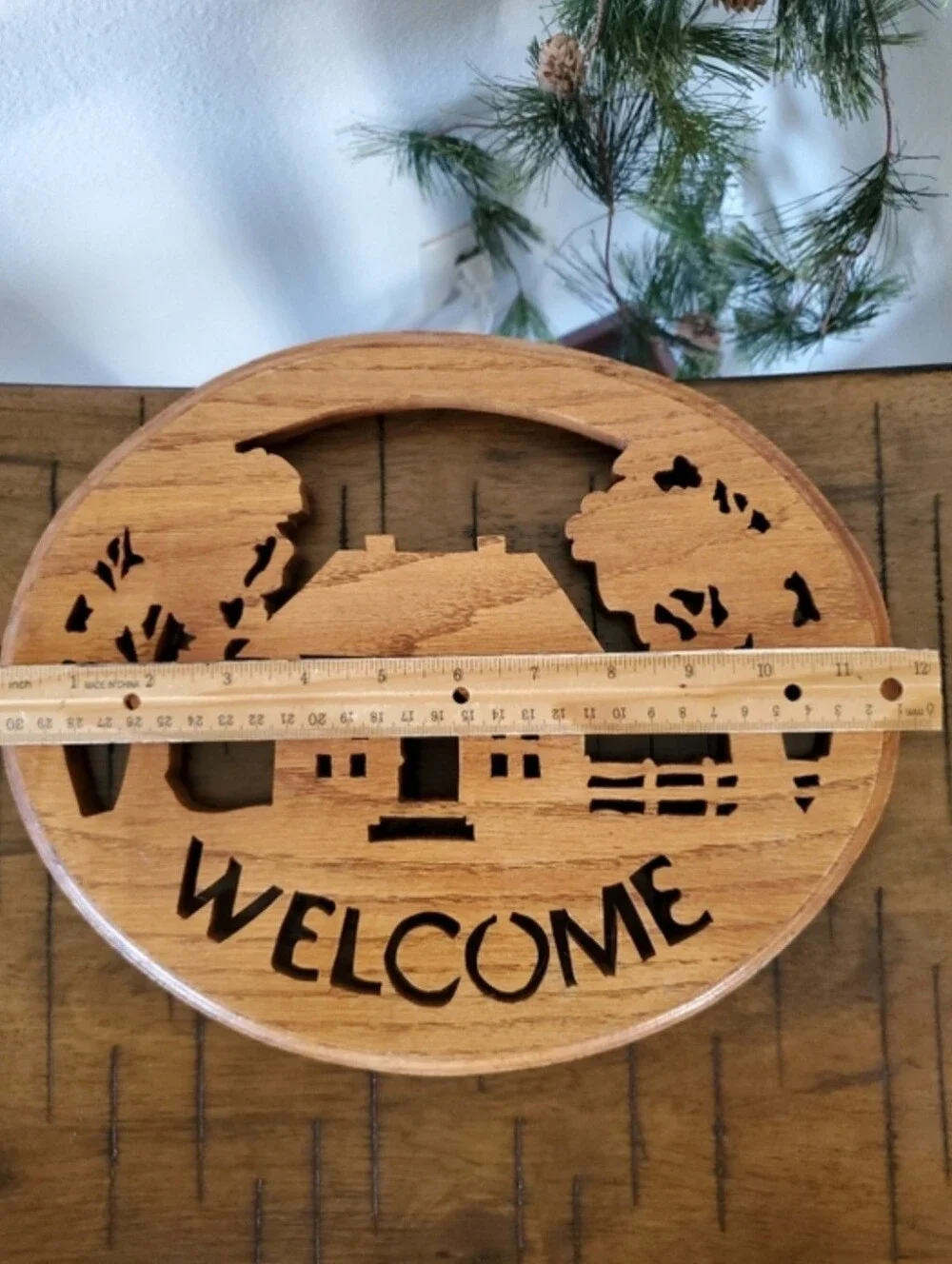 Vintage Oak Wooden Welcome Sign Rustic Farmhouse Cottagecore Folk Art Wall Decor